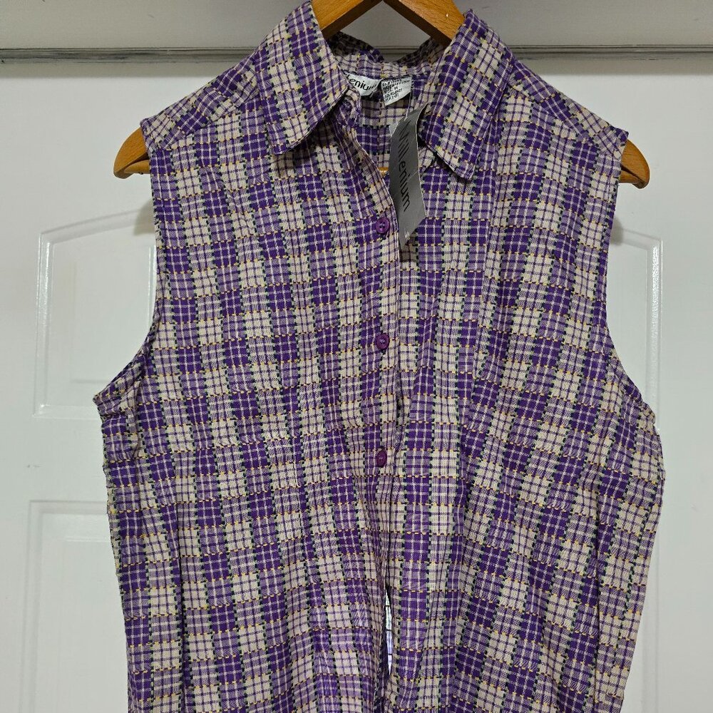 Summer Shirt Purple Madras Sleeveless Millenium Cotton Women's Medium 1990s NWT